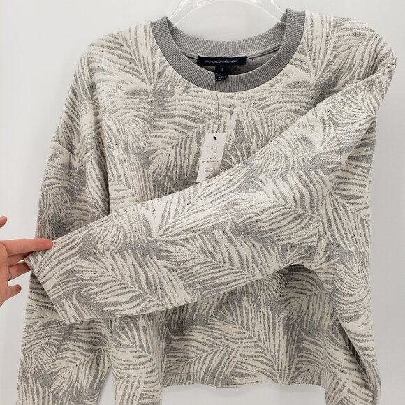 FRENCH CONNECT. nwt Sekia Jersey Sweatshirt Cropped Leaf Print L Gray White - Picture 12 of 13